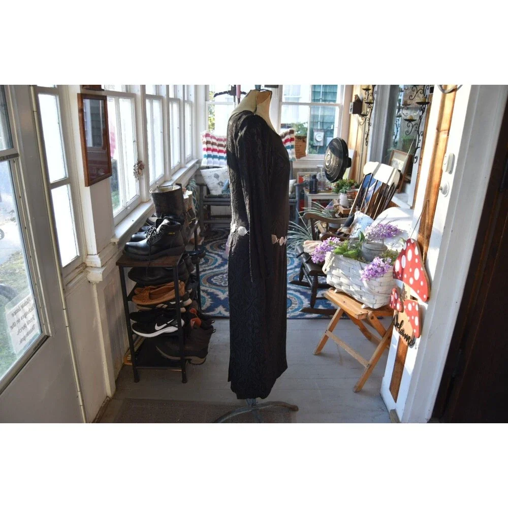Vintage 1980s Santa Fe Dress Black Brocade Lined W Silver Tone Belt Size Medium